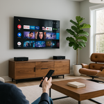 A professionally installed home entertainment system featuring a clean media rack, mounted TV, and ceiling speakers in a modern Calgary living space.