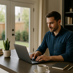 A modern home office with a professionally installed home network, showing a productive workspace and a satisfied client's smart home setup.